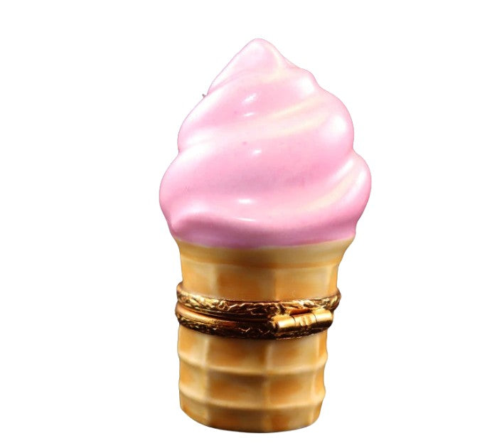 Ice Cream Cone: Strawberry Porcelain Limoges Dessert Carnival French Trinket Box