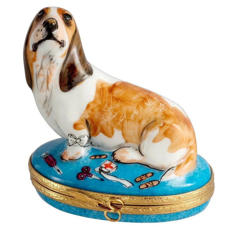 Injured Basset Hound Dog Porcelain Limoges dog professional French Trinket Box
