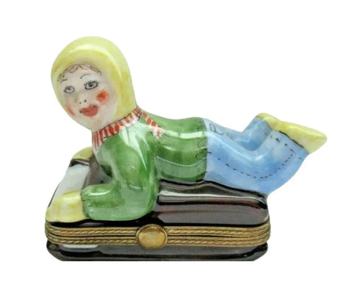 Kid on Sled Winter Sleigh Christmas Trees inside - Merry xmas Porcelain Limoges xmas theme Box winter French Trinket Box