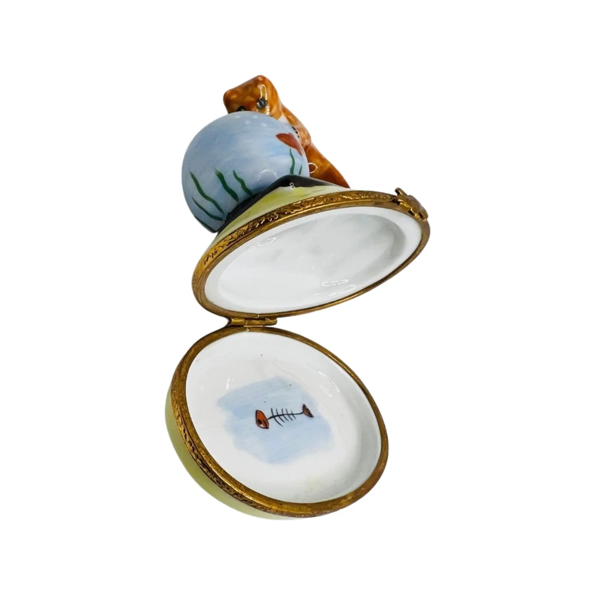Kitten w Fish Bowl Porcelain Limoges Cat French Trinket Box
