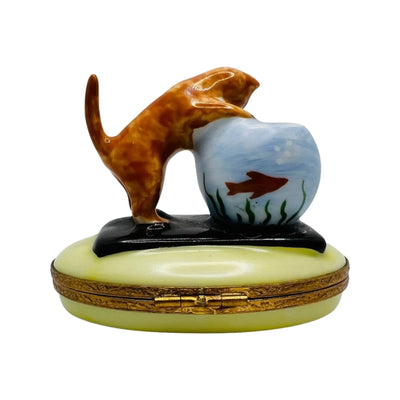 Kitten w Fish Bowl Porcelain Limoges Cat French Trinket Box