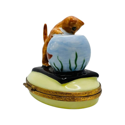 Kitten w Fish Bowl Porcelain Limoges Cat French Trinket Box
