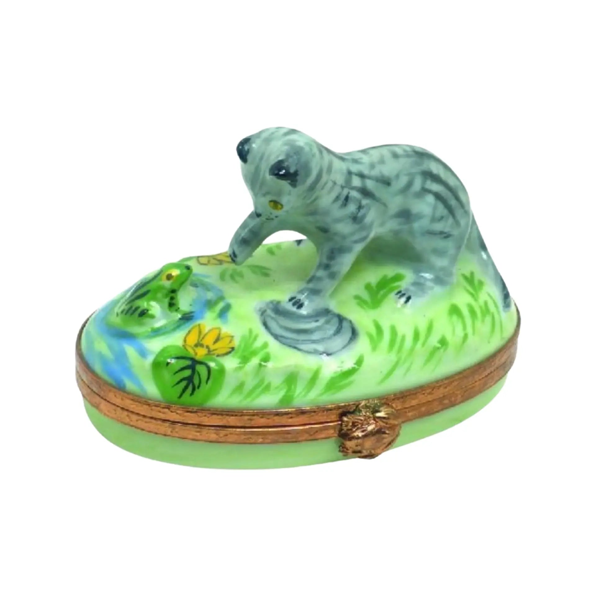 Kitten w Frog Porcelain Limoges Cat French Trinket Box