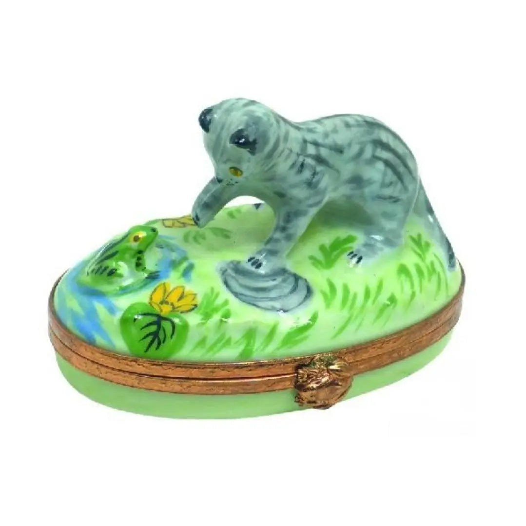 Kitten w Frog Porcelain Limoges Cat French Trinket Box