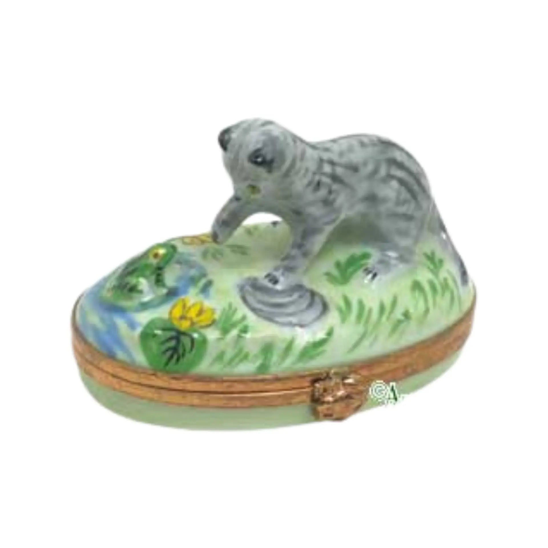Kitten w Frog Porcelain Limoges Cat French Trinket Box