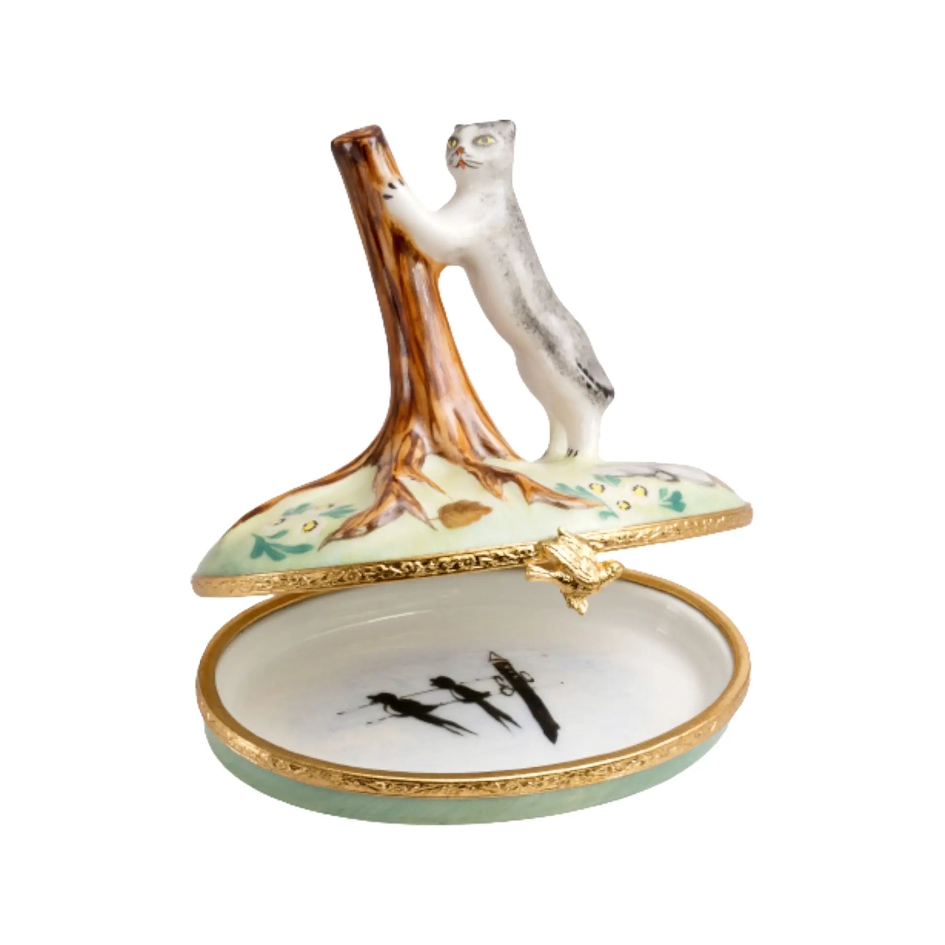 Kitten w Tree Porcelain Limoges Cat French Trinket Box