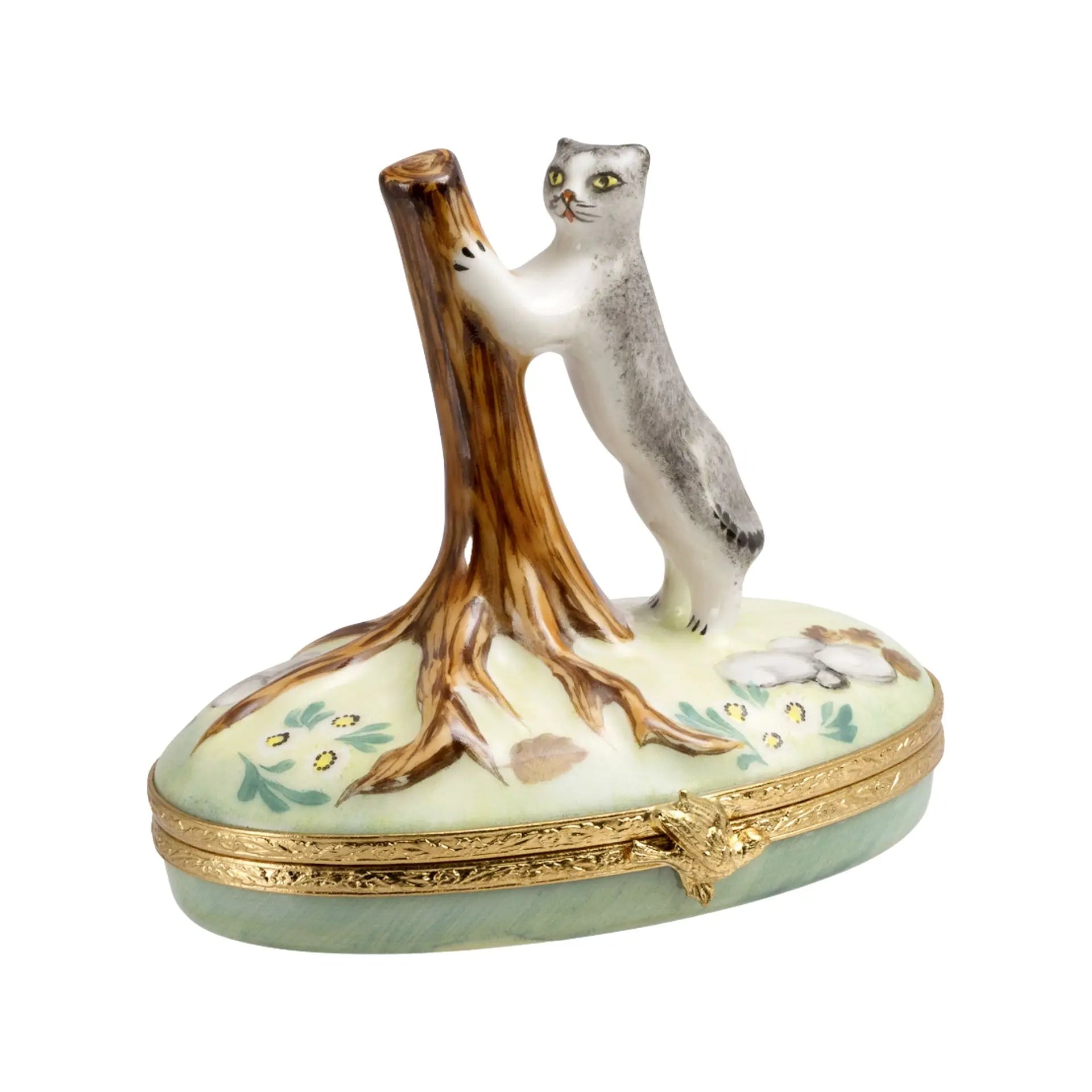 Kitten w Tree Porcelain Limoges Cat French Trinket Box