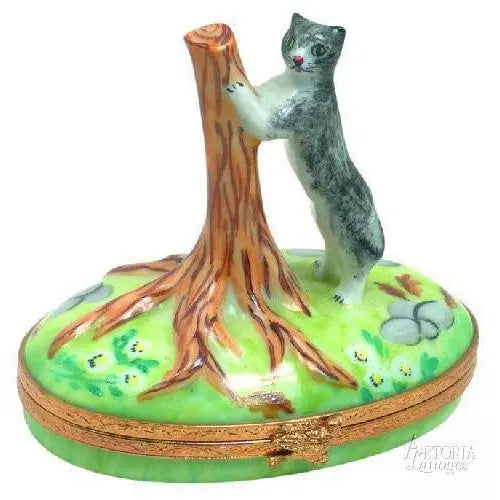 Kitten w Tree Porcelain Limoges Cat French Trinket Box