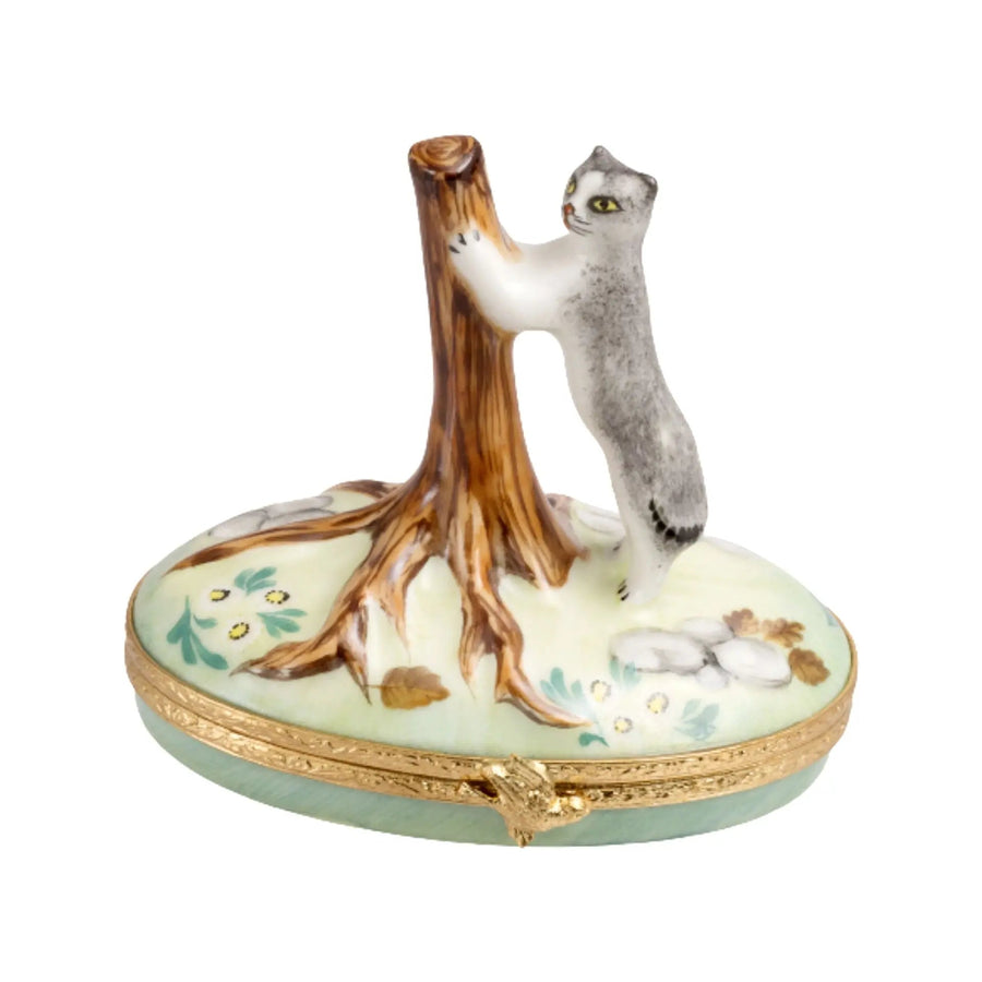 Kitten w Tree Porcelain Limoges Cat French Trinket Box