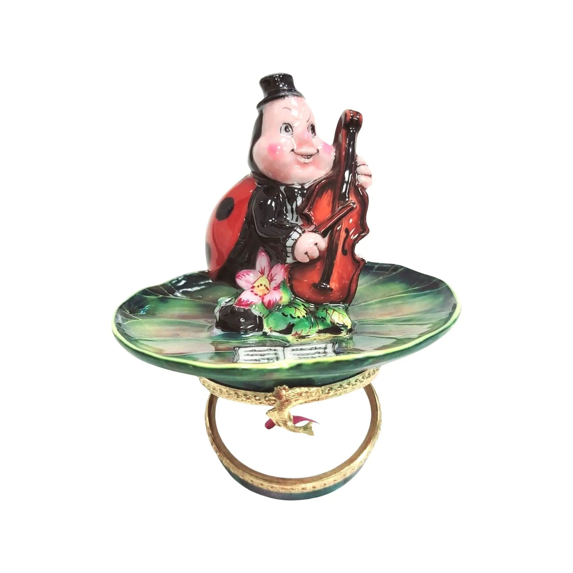 Ladybug Musician on Lillypad Porcelain Limoges frog LIMOGES BOXES bugs critters French Trinket Box