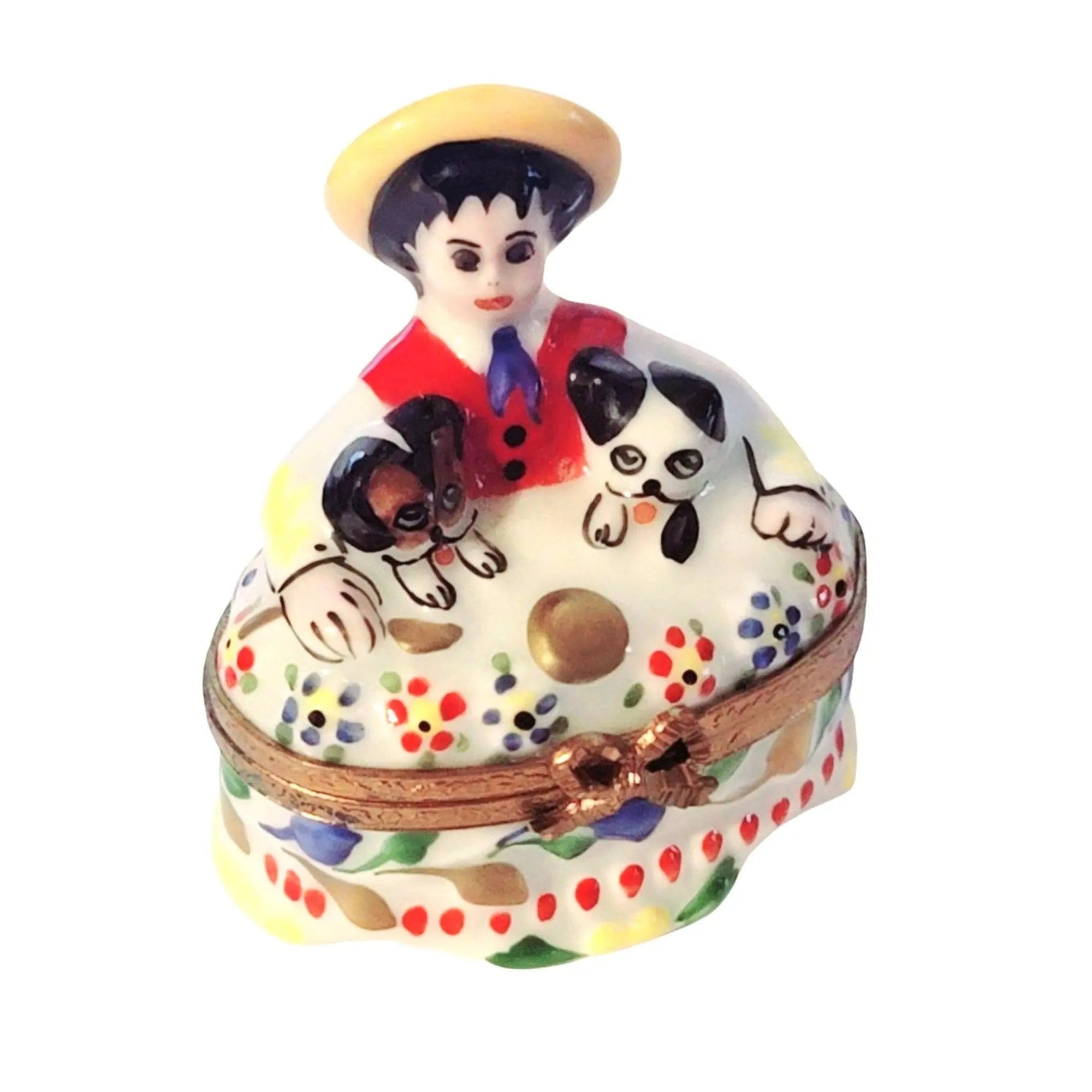Large French Child w Puppies Porcelain Limoges Kids Carnival France French Trinket Box