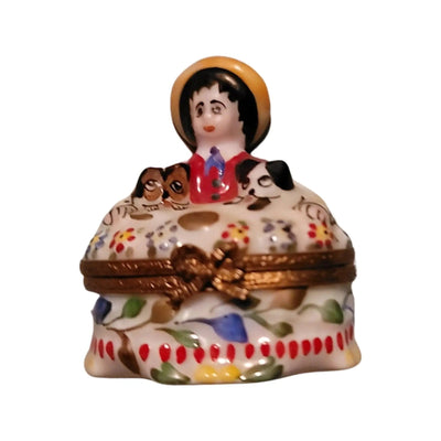Large French Child w Puppies Porcelain Limoges Kids Carnival France French Trinket Box