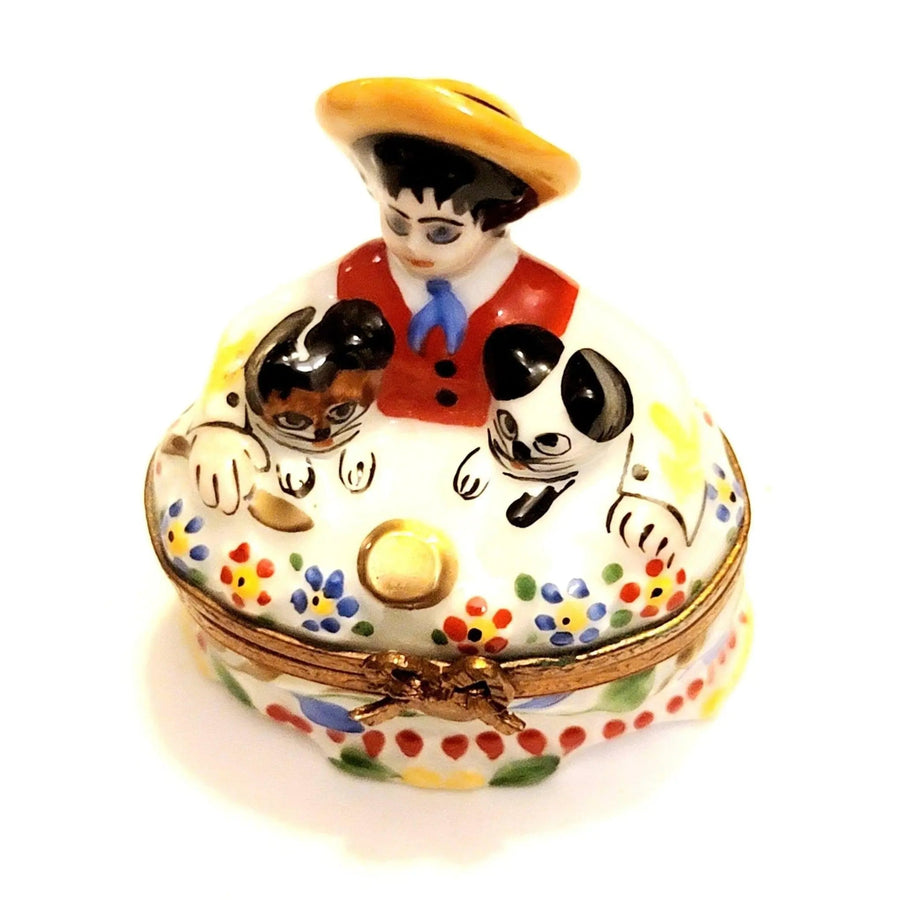 Large French Child w Puppies Porcelain Limoges Kids Carnival France French Trinket Box