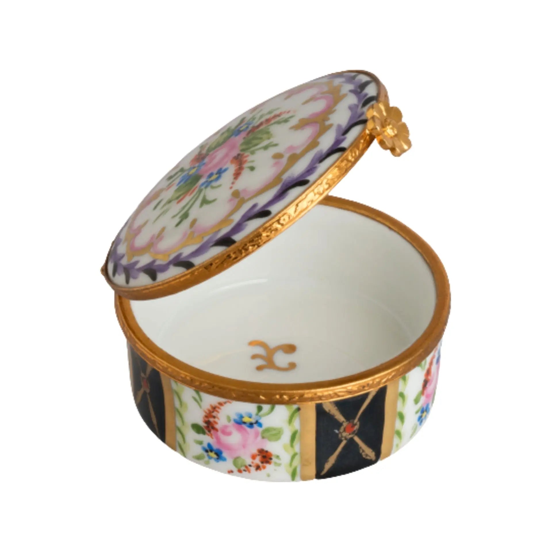 Large Round Malmaison Noir Porcelain Limoges Traditional French Trinket Box