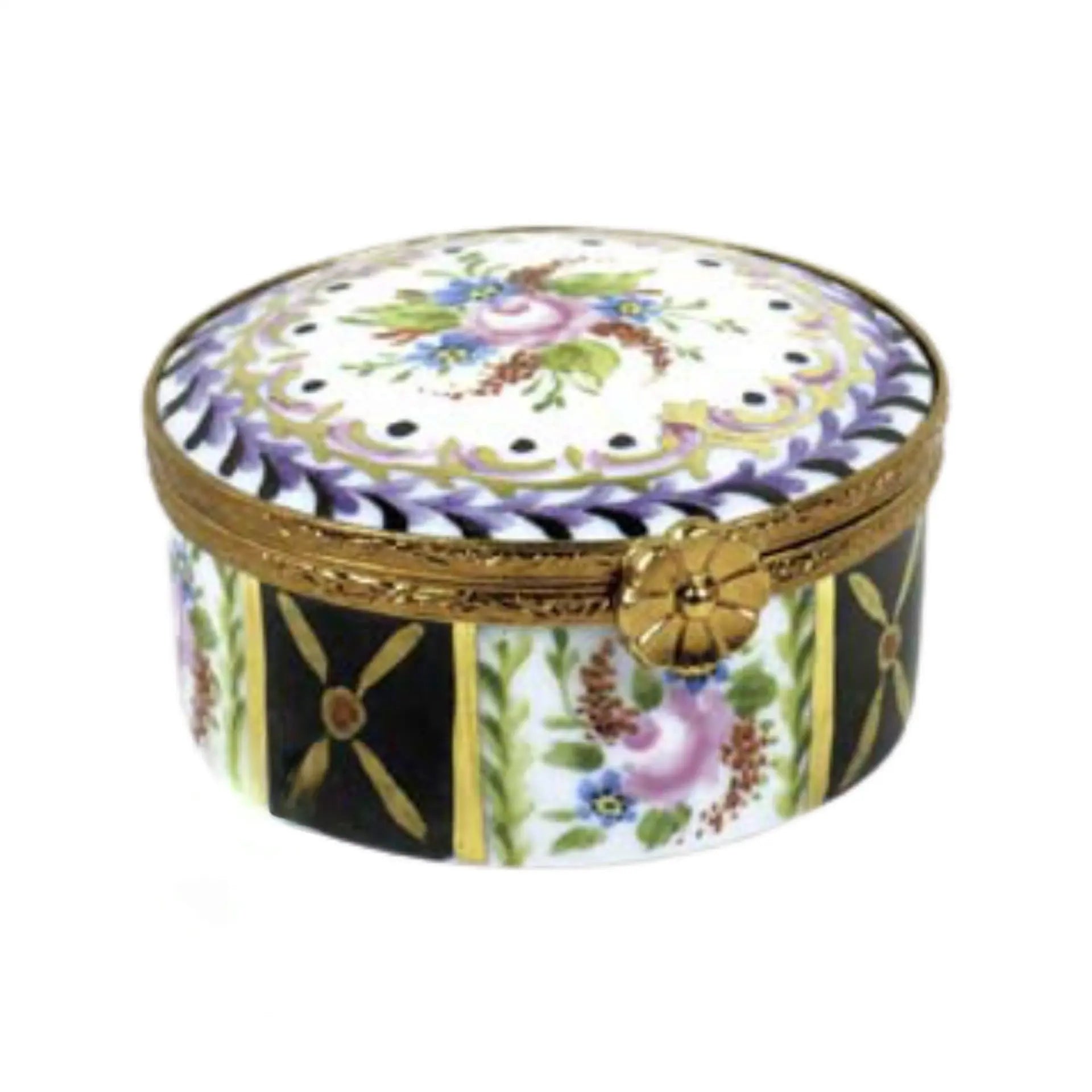 Large Round Malmaison Noir Porcelain Limoges Traditional French Trinket Box