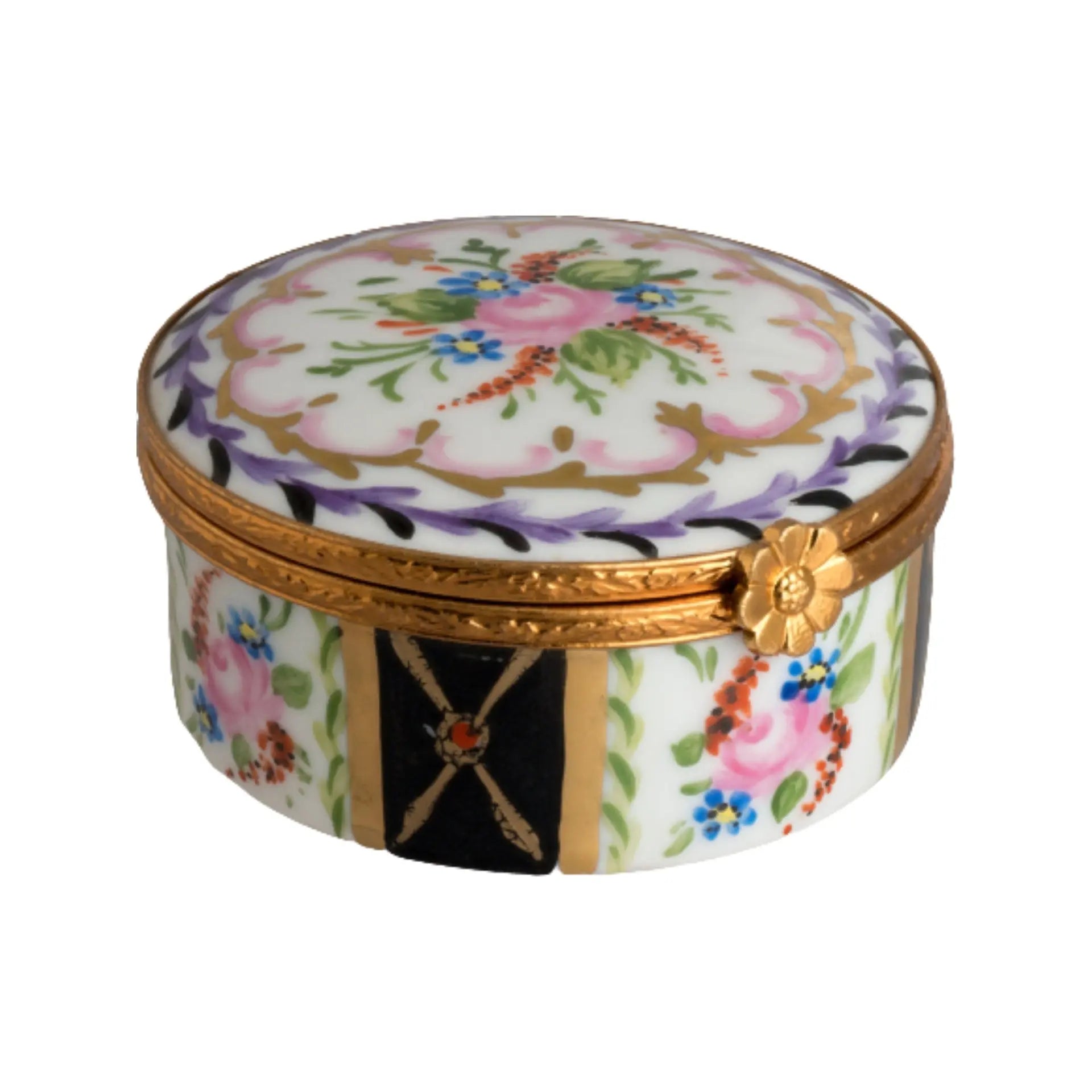 Large Round Malmaison Noir Porcelain Limoges Traditional French Trinket Box