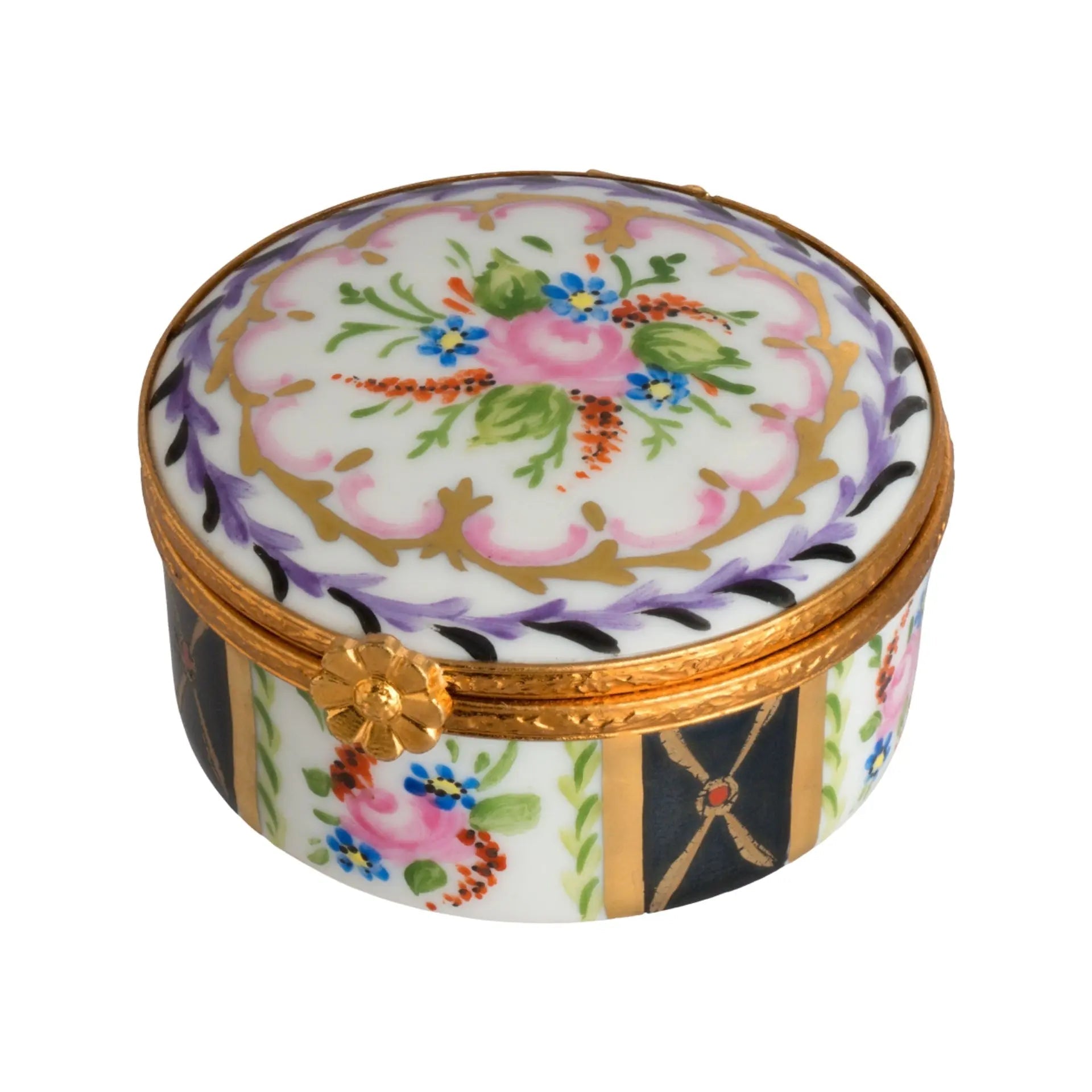 Large Round Malmaison Noir Porcelain Limoges Traditional French Trinket Box