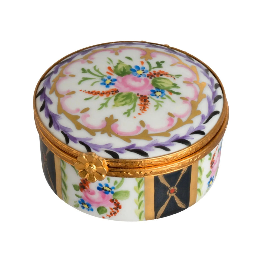 Large Round Malmaison Noir Porcelain Limoges Traditional French Trinket Box