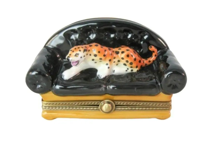 Leopard on Black Couch Porcelain Limoges furniture wild animal French Trinket Box