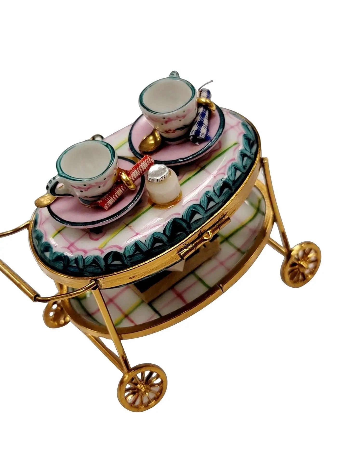 Light Blue Tea Cart Figurine Porcelain Limoges Home China Xmas Theme French Trinket Box