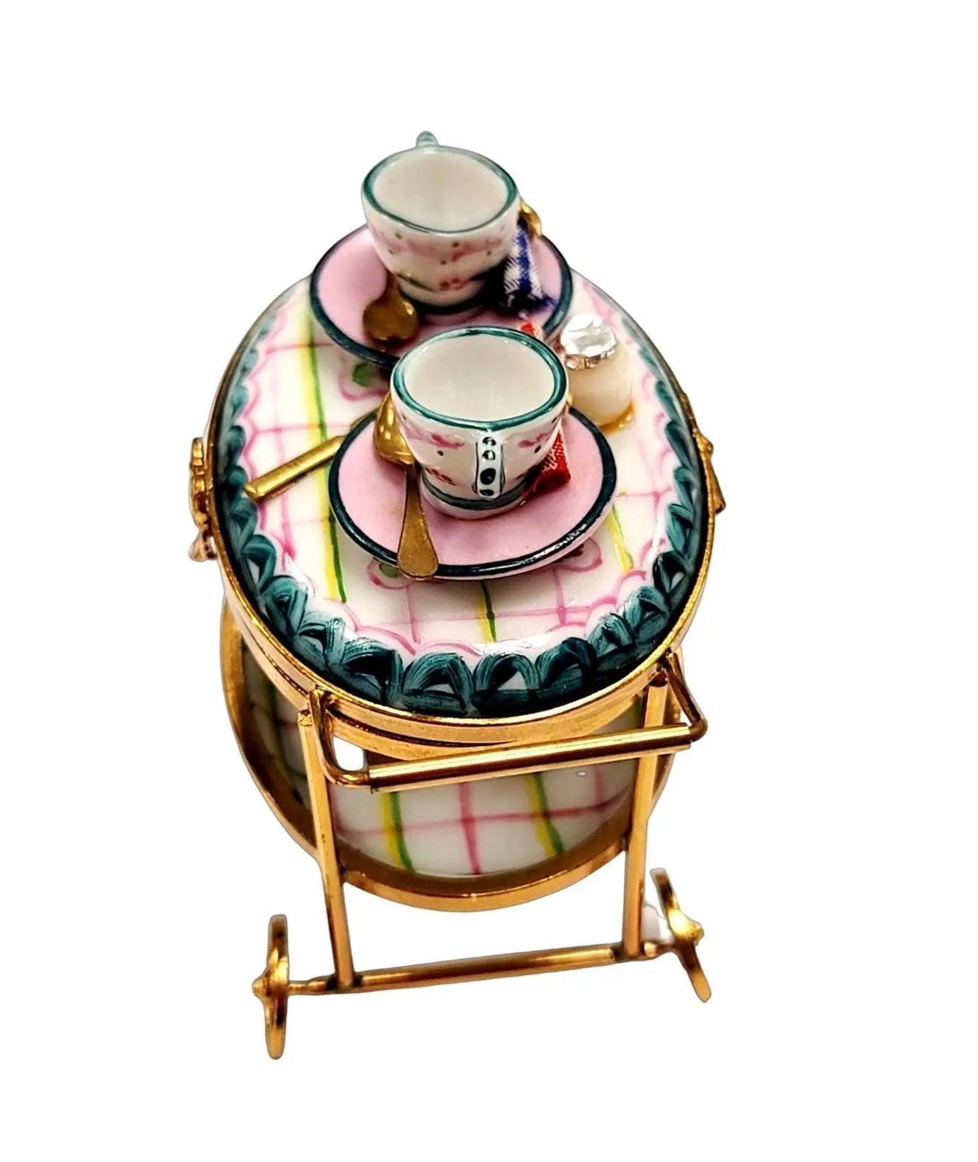 Light Blue Tea Cart Figurine Porcelain Limoges Home China Xmas Theme French Trinket Box