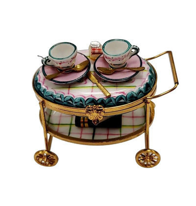 Light Blue Tea Cart Figurine Porcelain Limoges Home China Xmas Theme French Trinket Box
