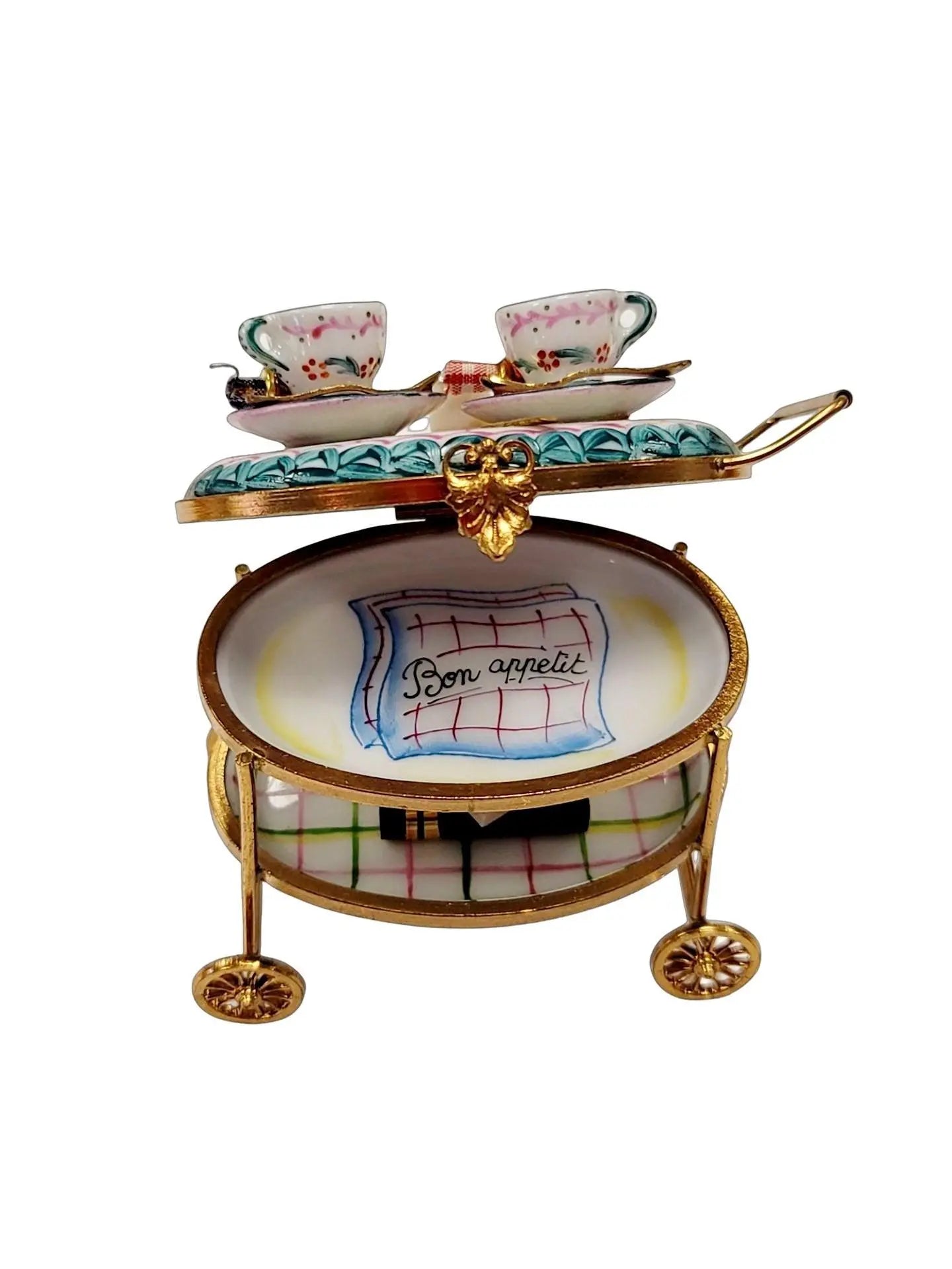 Light Blue Tea Cart Figurine Porcelain Limoges Home China Xmas Theme French Trinket Box