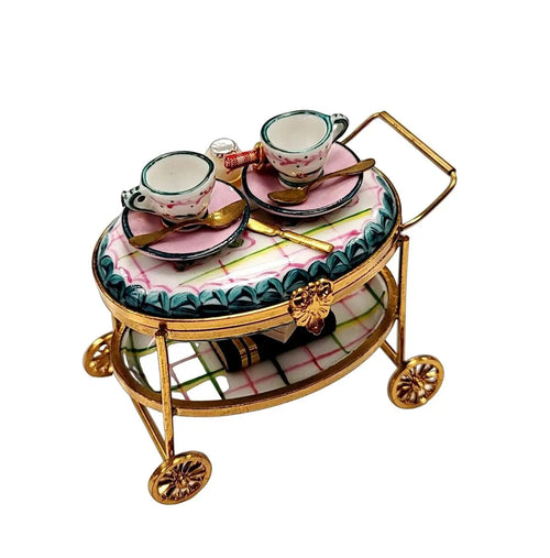 Light Blue Tea Cart Figurine Porcelain Limoges Home China Xmas Theme French Trinket Box