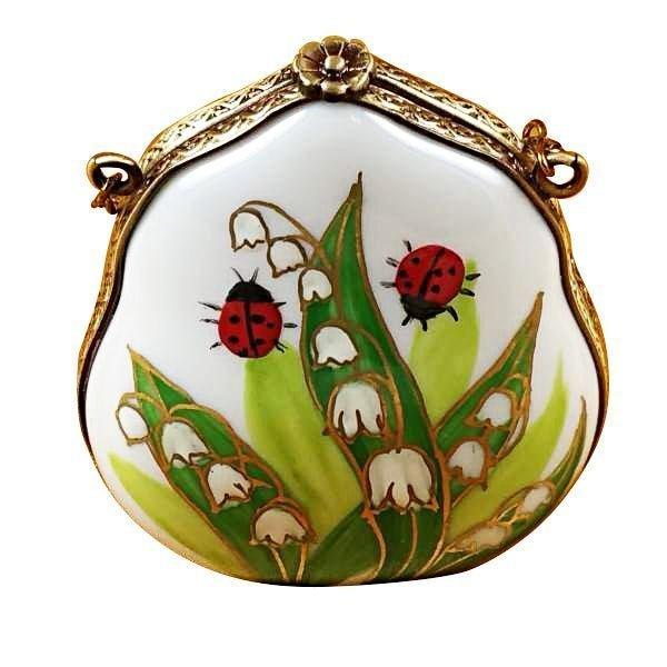 Lily of the Valley Purse with Ladybugs Porcelain Limoges purse limoges boxes bugs critters French Trinket Box