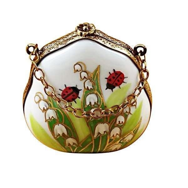 Lily of the Valley Purse with Ladybugs Porcelain Limoges purse limoges boxes bugs critters French Trinket Box