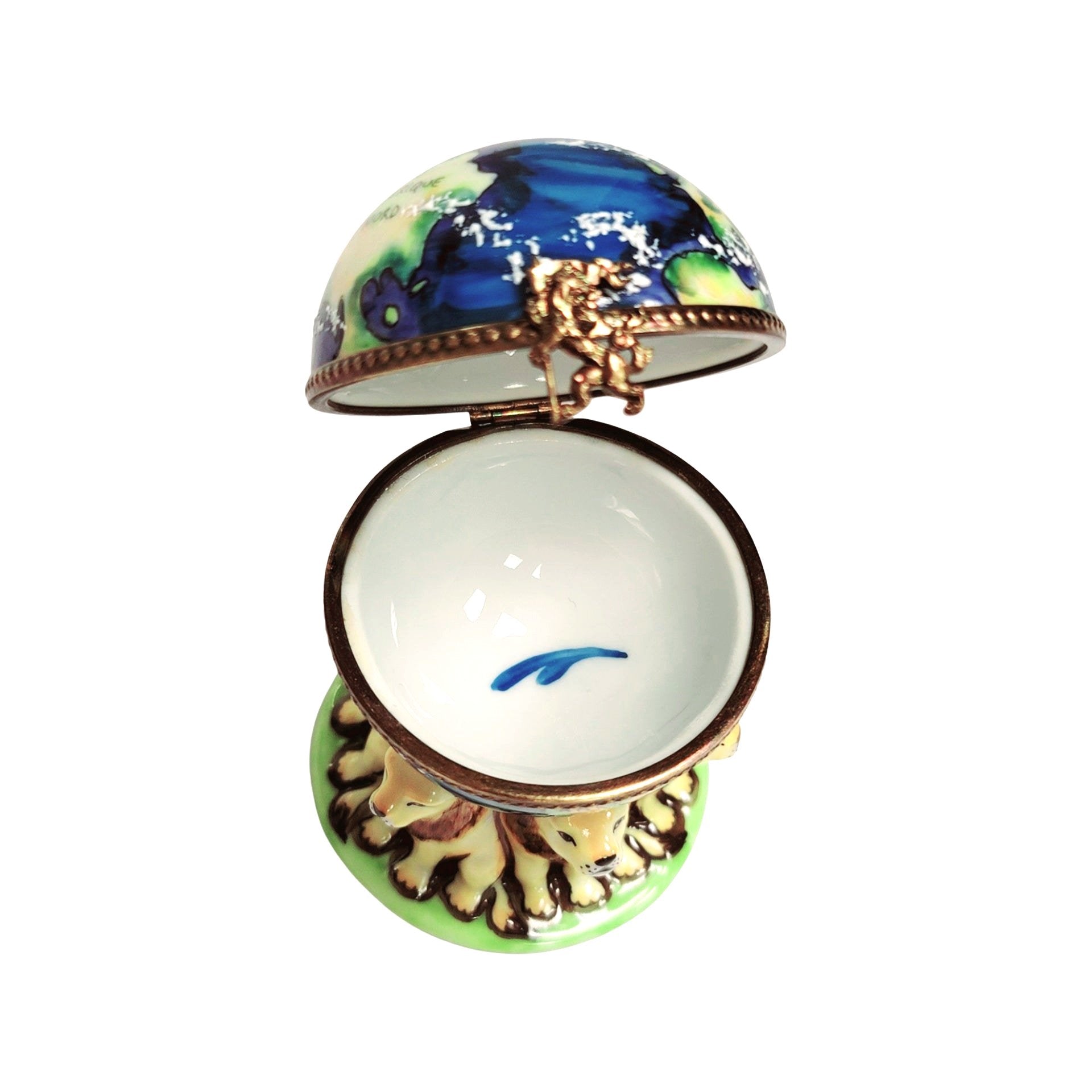 Lions Supporting World Globe Porcelain Limoges LIMOGES BOXES travel cat wild French Trinket Box