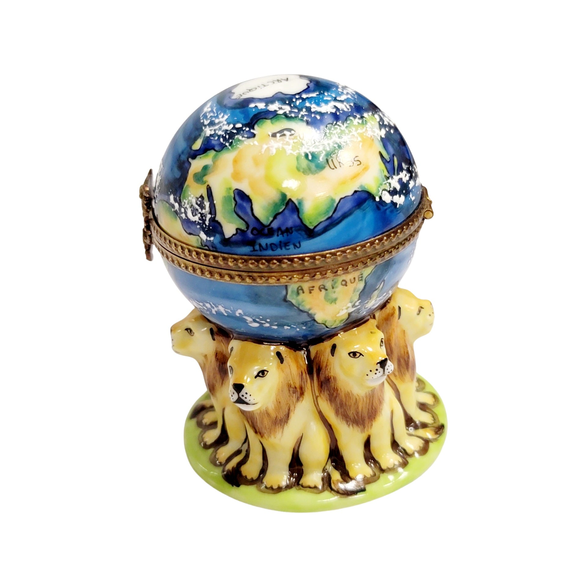 Lions Supporting World Globe Porcelain Limoges LIMOGES BOXES travel cat wild French Trinket Box