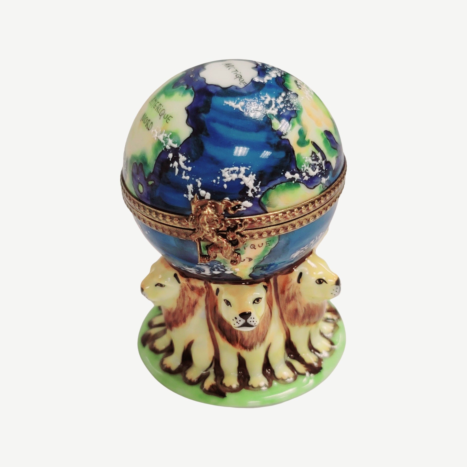 Lions Supporting World Globe Porcelain Limoges LIMOGES BOXES travel cat wild French Trinket Box