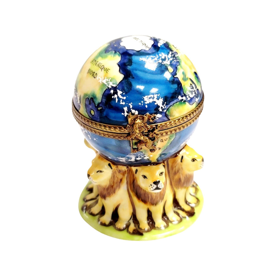 Lions Supporting World Globe Porcelain Limoges LIMOGES BOXES travel cat wild French Trinket Box