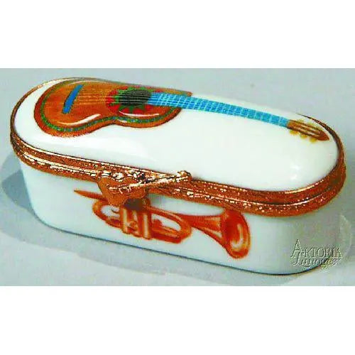 Long Oval w Guitar Decal Porcelain Limoges Traditional music French Trinket Box