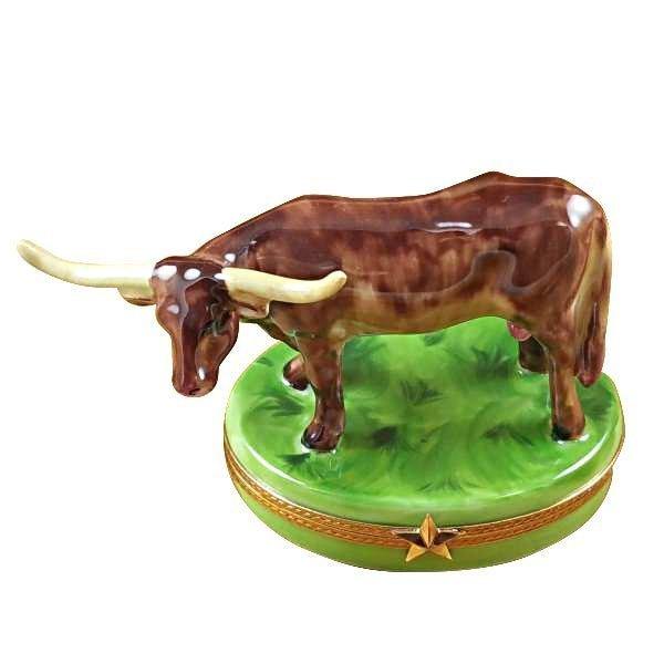 Longhorn Bull with Removable Insert Porcelain Limoges farm animals sports French Trinket Box