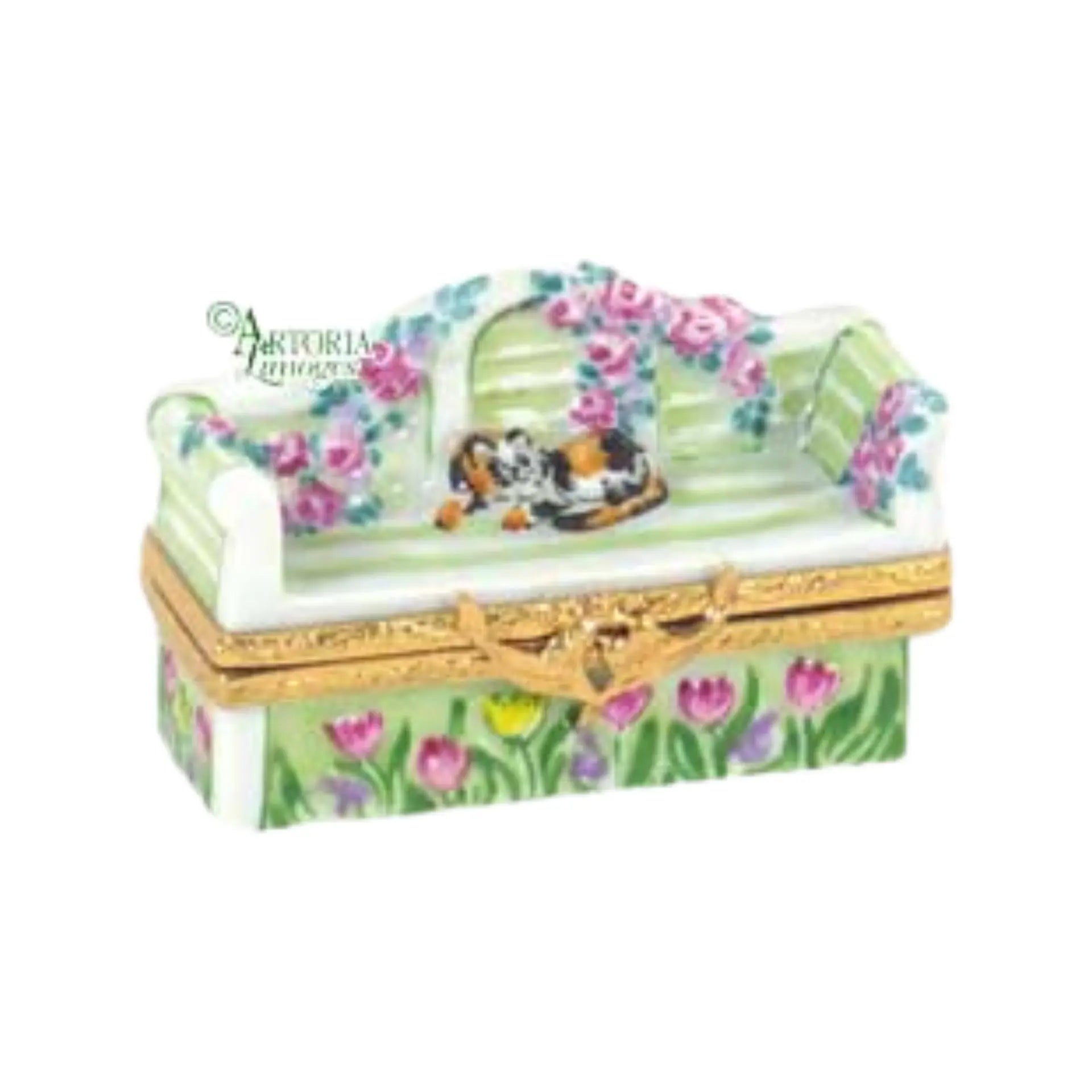Lutyens Bench w Cat Porcelain Limoges garden cat French Trinket Box
