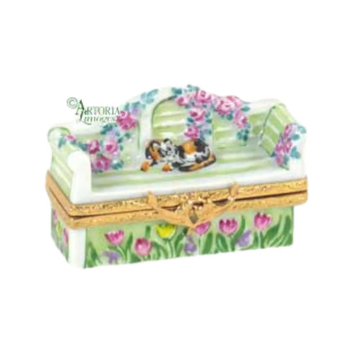 Lutyens Bench w Cat Porcelain Limoges garden cat French Trinket Box