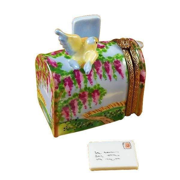 Mailbox Wisteria & Yellow Bird Porcelain Limoges Garden home French Trinket Box