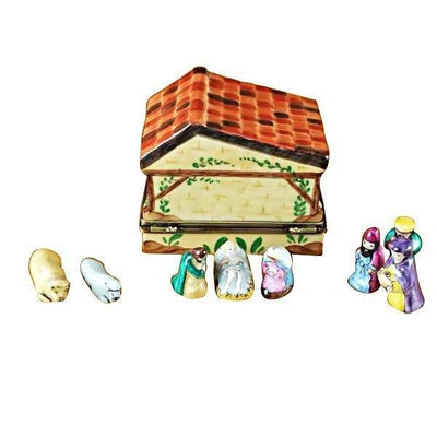 Manger with 8 Removable Pieces Porcelain Limoges Nativity French Trinket Box