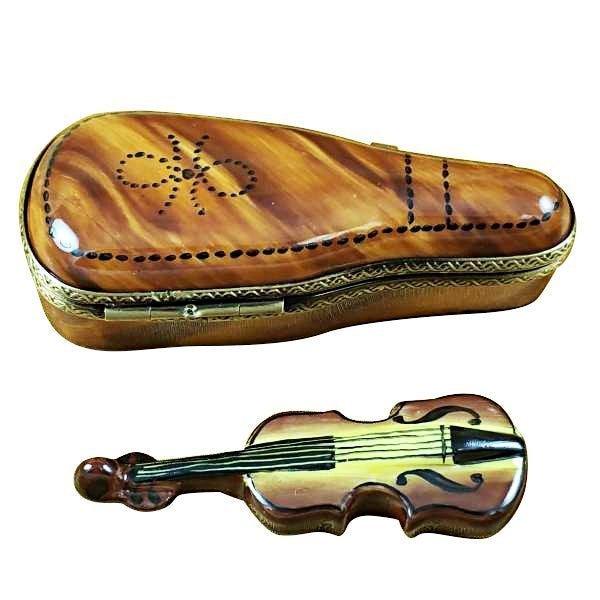 Maplewood Violin Case with Violin Porcelain Limoges Music French Trinket Box