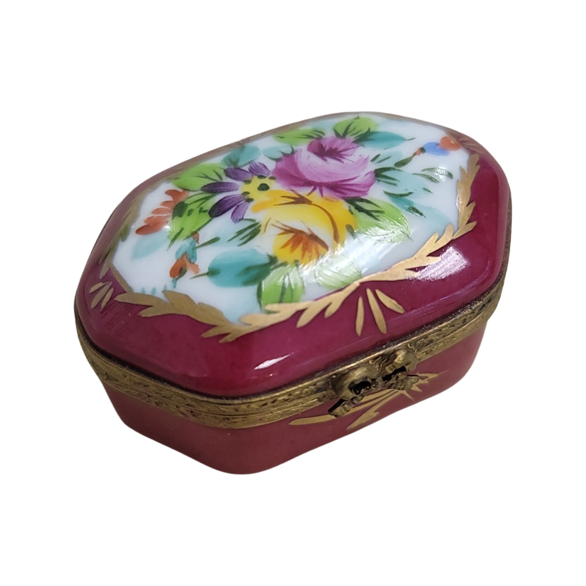 Maroon Floral Limoges Box Porcelain Limoges traditional figurine LIMOGES BOXES French Trinket Box
