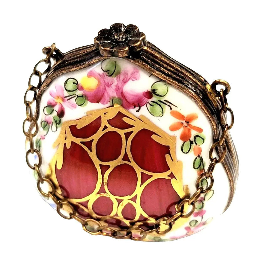 Maroon Gold Floral Limoges Box Porcelain Limoges purse trinket box limoges French Trinket Box
