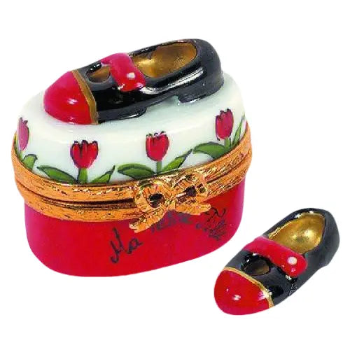 Mary Jane Shoes: Red Tulips Porcelain Limoges Shoes French Trinket Box