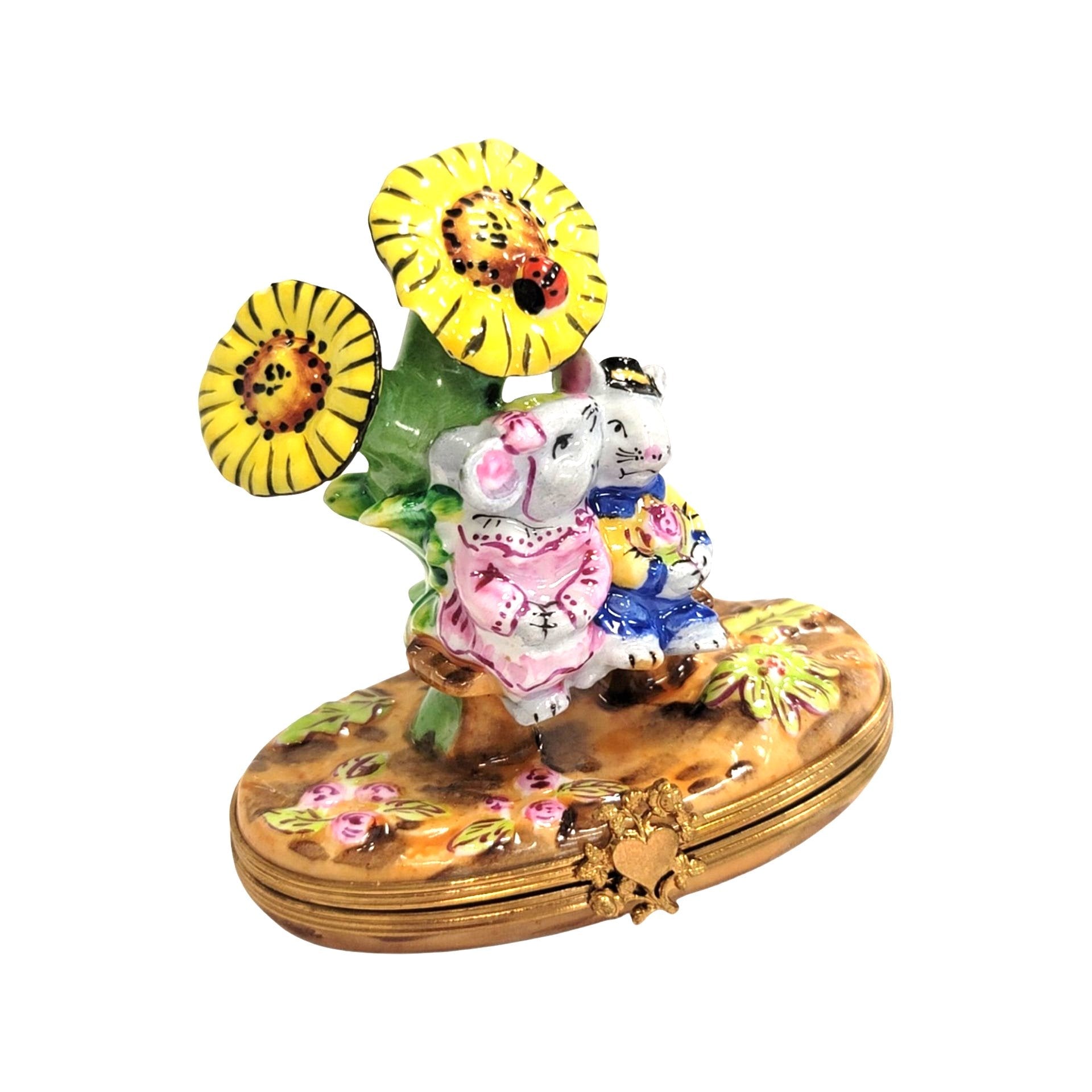 Mice Among Sunflowers Delight Porcelain Limoges garden LIMOGES BOXES mice house rabbit love valentine French Trinket Box