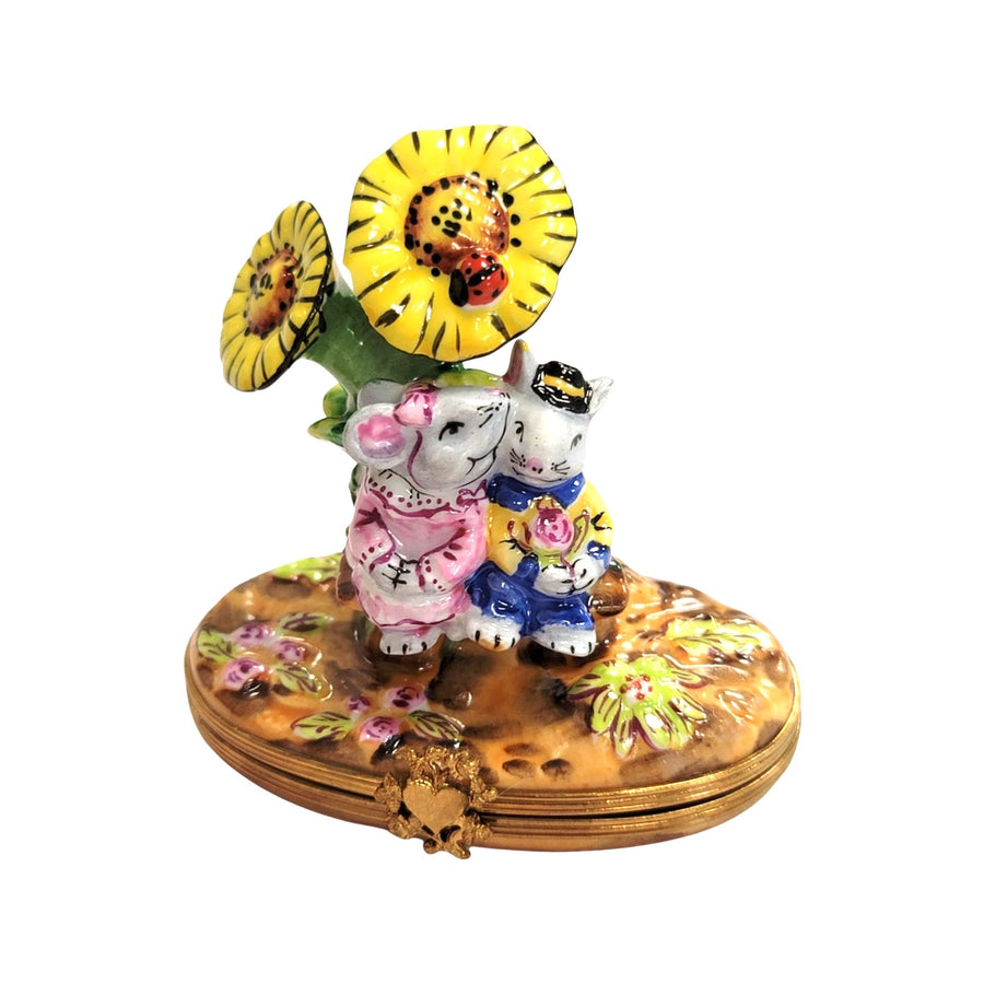 Mice Among Sunflowers Delight Porcelain Limoges garden LIMOGES BOXES mice house rabbit love valentine French Trinket Box