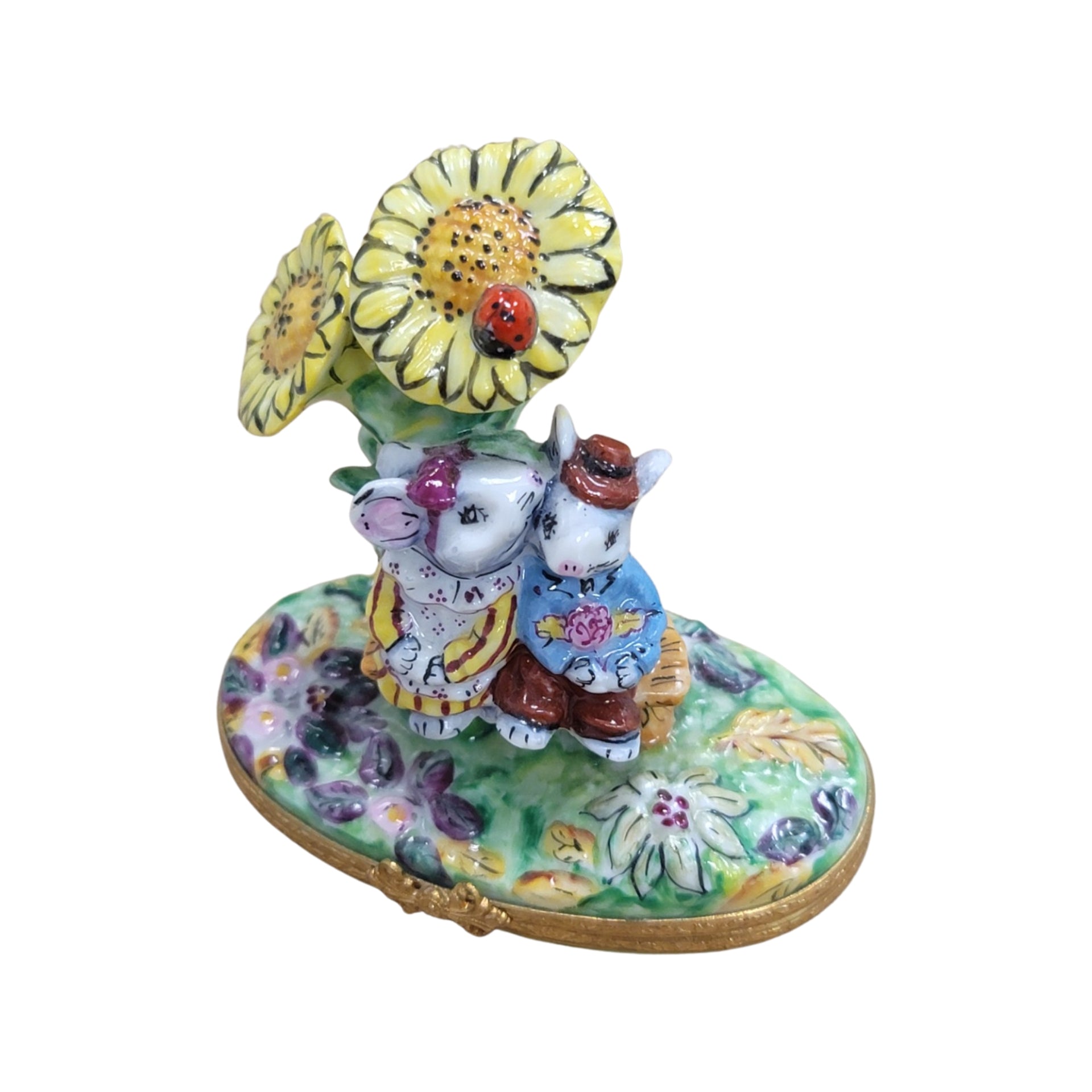 Mice Kissing Under Sunflowers Porcelain Limoges garden LIMOGES BOXES mice house rabbit love valentine French Trinket Box