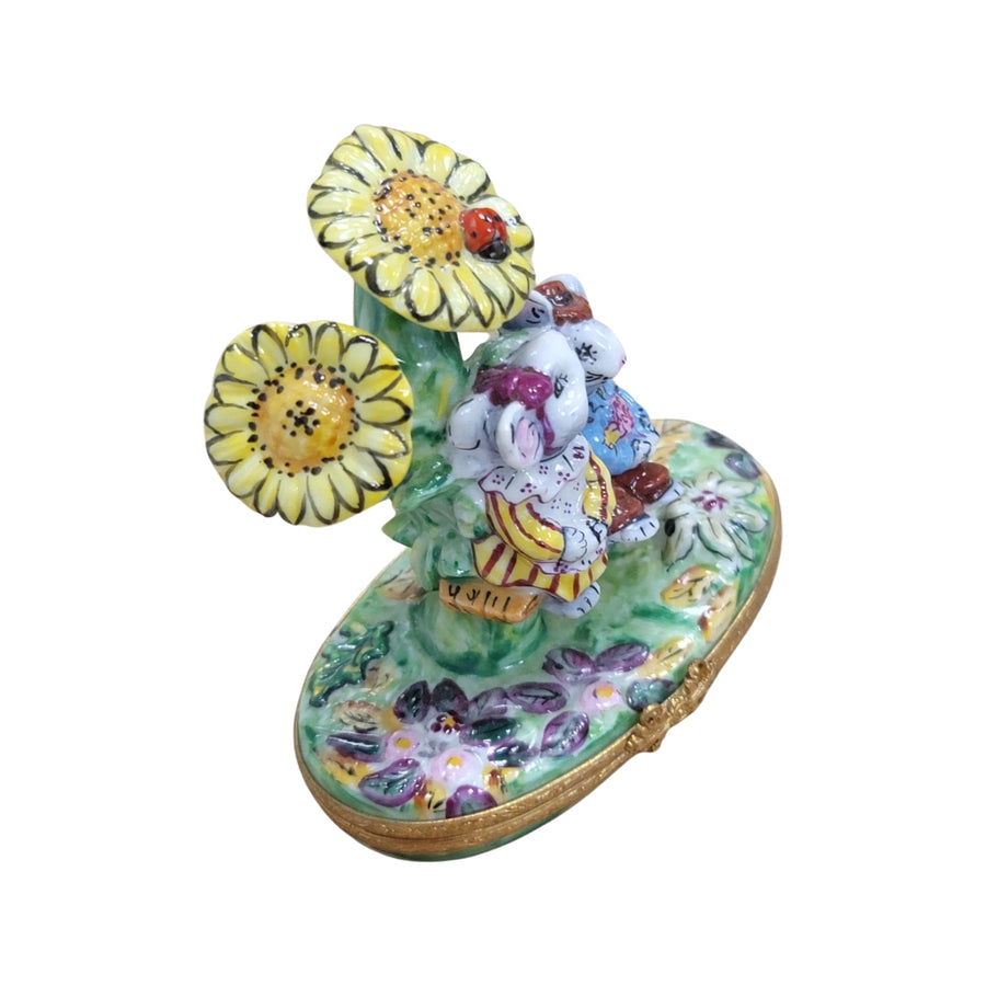 Mice Kissing Under Sunflowers Porcelain Limoges garden LIMOGES BOXES mice house rabbit love valentine French Trinket Box
