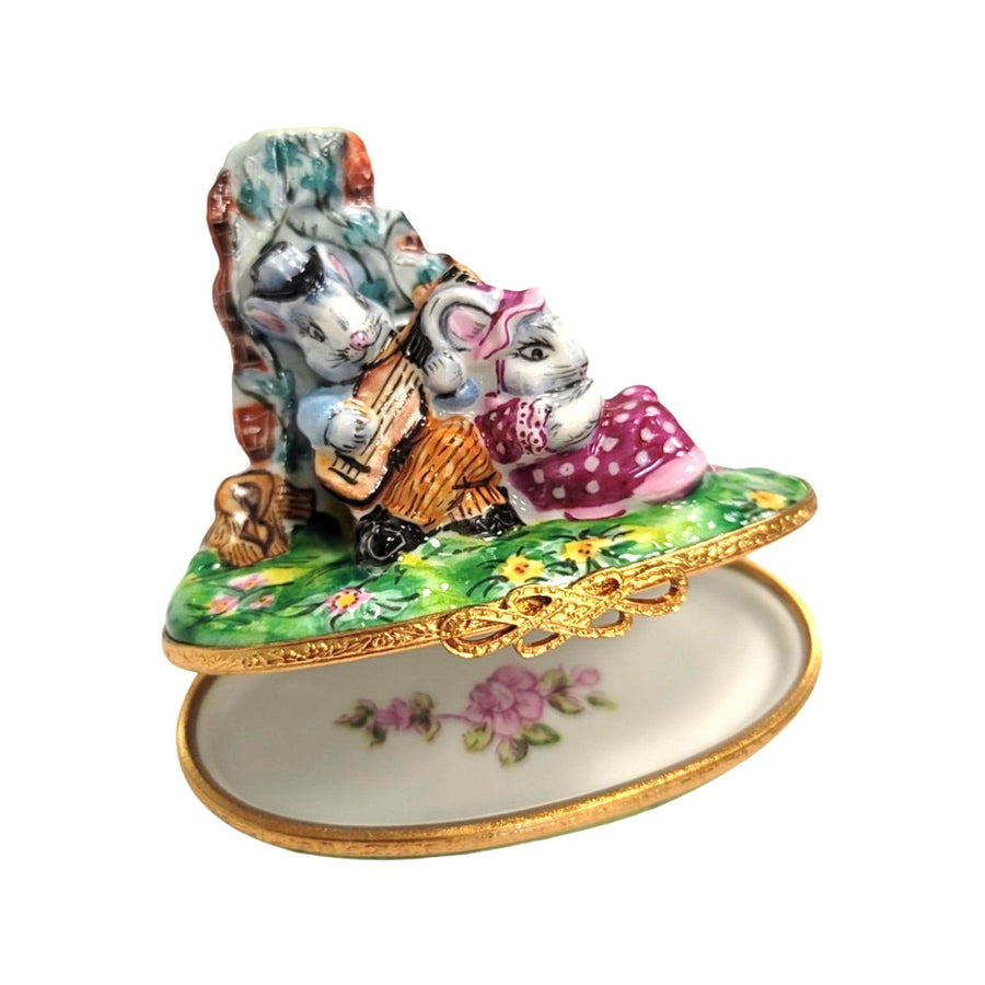 Mice Serenading in Blooming Garden Porcelain Limoges mice house rabbit love valentine French Trinket Box