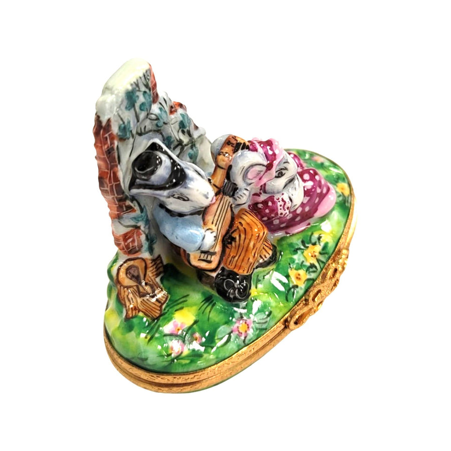 Mice Serenading in Blooming Garden Porcelain Limoges mice house rabbit love valentine French Trinket Box